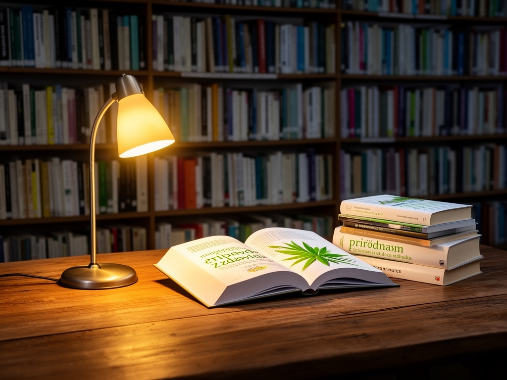 Moderna i mirna istrazvacka biblioteka sa zidovima punim knjiga, drvenim stolom na kome leze otvorene knjige o prirodnom zdravlju i upaljenim stolnom lampom koja baca toplo svetlo