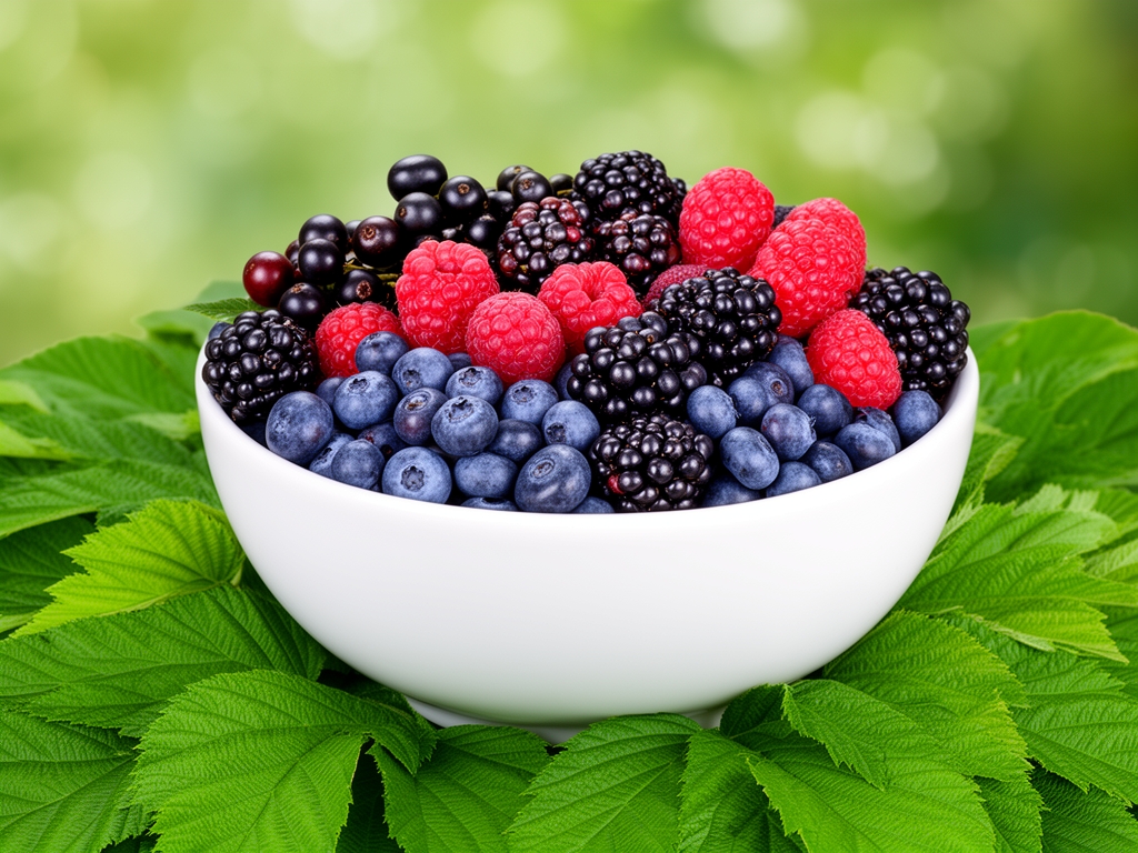 Sveze bobicasto voce — borovnice, jagode, maline i kupine — u bijeloj zdjelici na zelenom lišću, bokeh pozadina sa zelenim tonovima