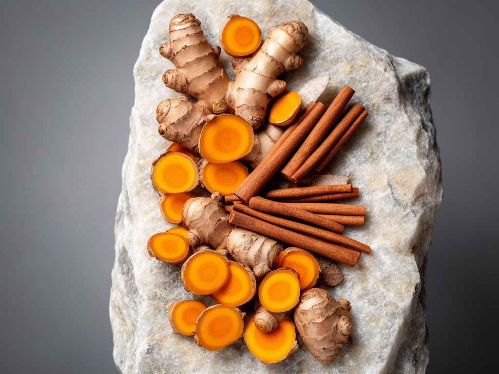 Vertikalna kompozicija raznih ljukovitih i gomolja biljaka — đumbir, kurkuma i cimet — presecenih i rasporedenih na slatoj kamenu