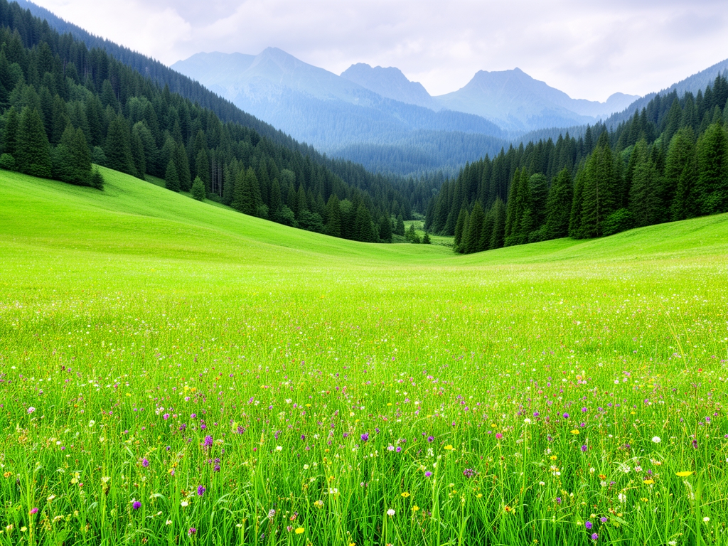 Panoramski pogled na zelene planinske livade sa divljim cvecen i sumom u pozadini — simbol prirodnog balansa i svezine