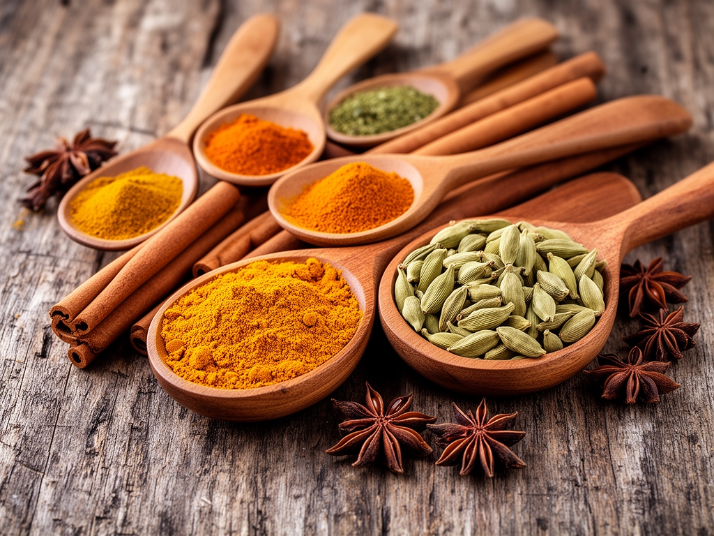 Kolekcija zacina u malim drvenim kasikama i zdjelicama — kurkuma, cimet, kardamom i anis — na rustikalnoj drvnoj podlozi