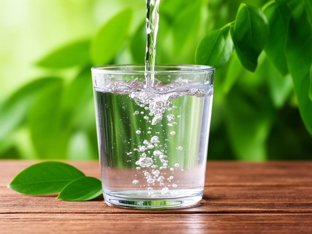 Cista providna voda koja tece u staklenu casu na drvenom stolu sa zelenim listovima u pozadini — koncept hidratacije i cistote